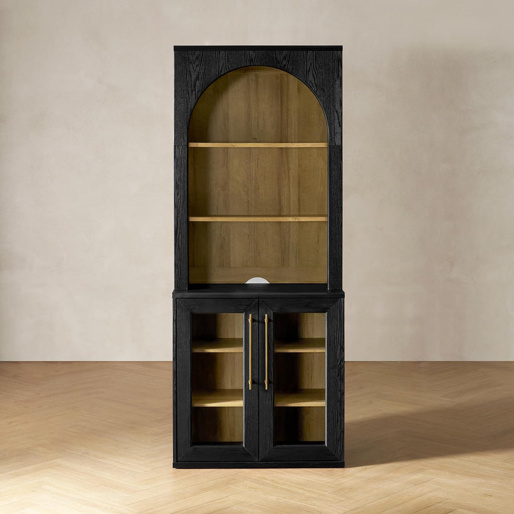 mopio Blake Tall Display Cabinet, Kitchen Buffet Pantry Cupboard, Trophy Display Case, Storage Cabinet Scratch Resistant Acrylic, Modern Farmhouse Curio Organizer (Black Oak Acrylic Hutch, Single)