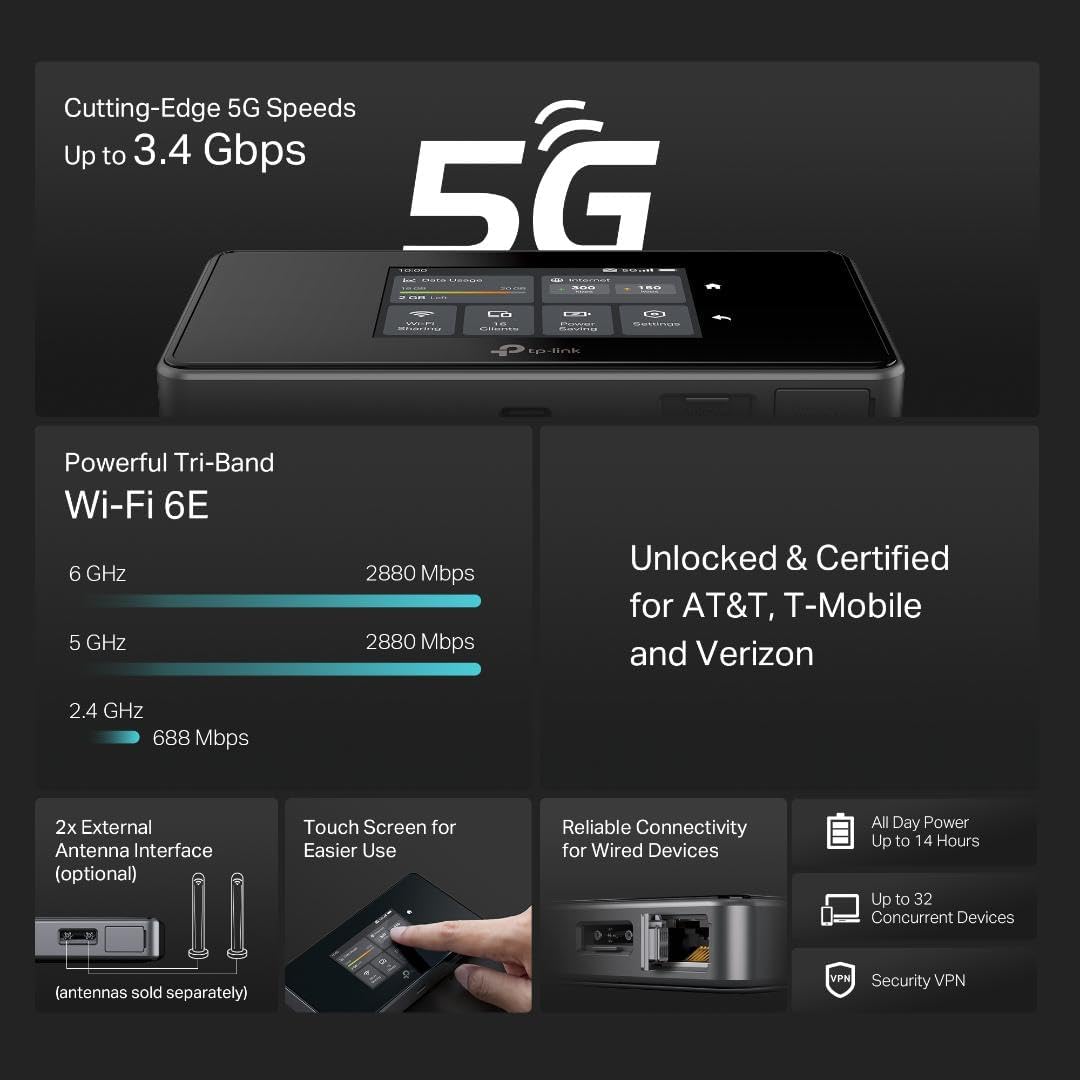 TP-Link 5G Mobile Hotspot M8550 | Tri-Band AXE3600 Wi-Fi 6E Portable Wi-Fi Router for Travel | Two-Modes in One | Support Up to 32 Devices | Nano SIM Card Slot | Support AT&T, T-Mobile, Verizon