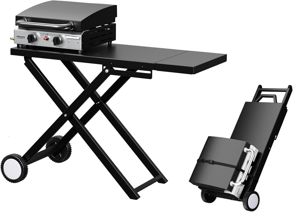 Bonnlo Foldable Flat Top Grill with 2 Burner & Lid, Powerful 20,000 BTU Propane Gas Grills with Ignition, Enamel Griddle, Side Shelf & Portable Cart with Wheels for Outdoor Camping Hibachi Grill Use