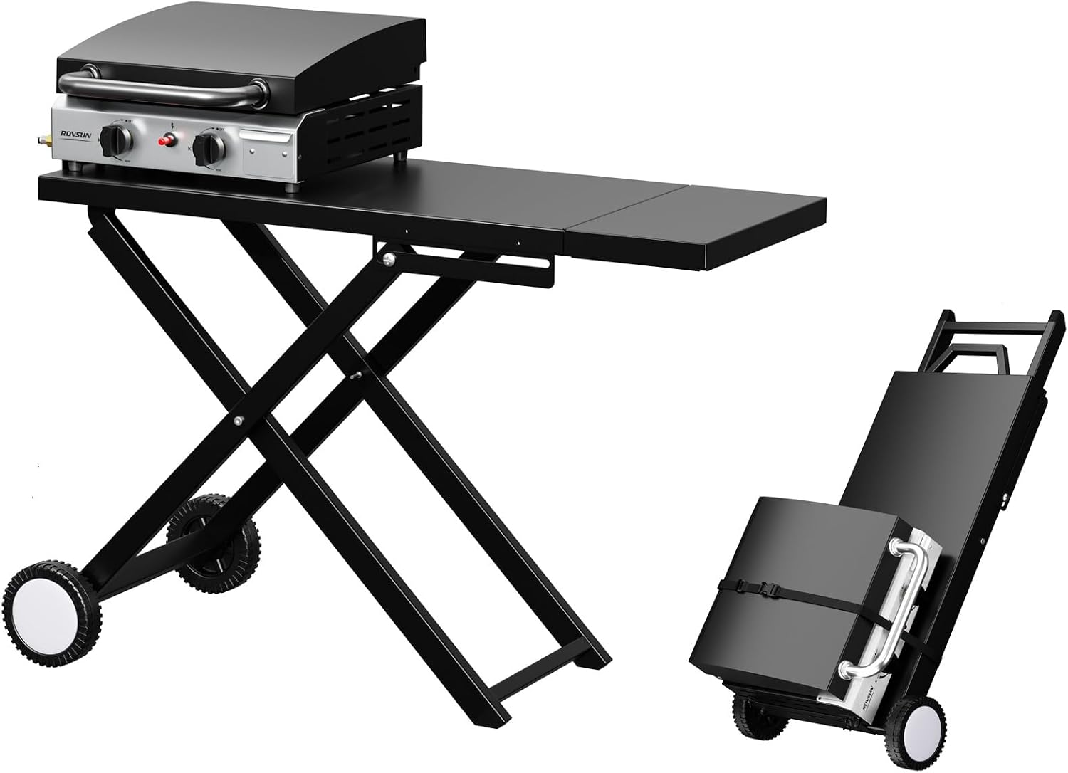 Bonnlo Foldable Flat Top Grill with 2 Burner & Lid, Powerful 20,000 BTU Propane Gas Grills with Ignition, Enamel Griddle, Side Shelf & Portable Cart with Wheels for Outdoor Camping Hibachi Grill Use
