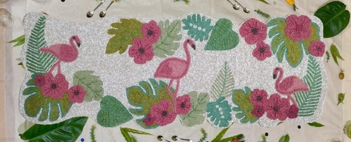 HM CREATIONS Flamingo Table Runner, Handmade Bead Table Runner, Multicolor Summer Table Runner 13X36 Inches floral Table Runner for Center Table, Dinning Decoration. (Place Mats)