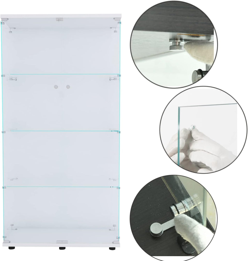 Modern 4-Tier Two-Door Glass Display Cabinet Shelves with Door Floor Standing Curio Glass Countertop Display Bookshelf for Living Room Bedroom Office