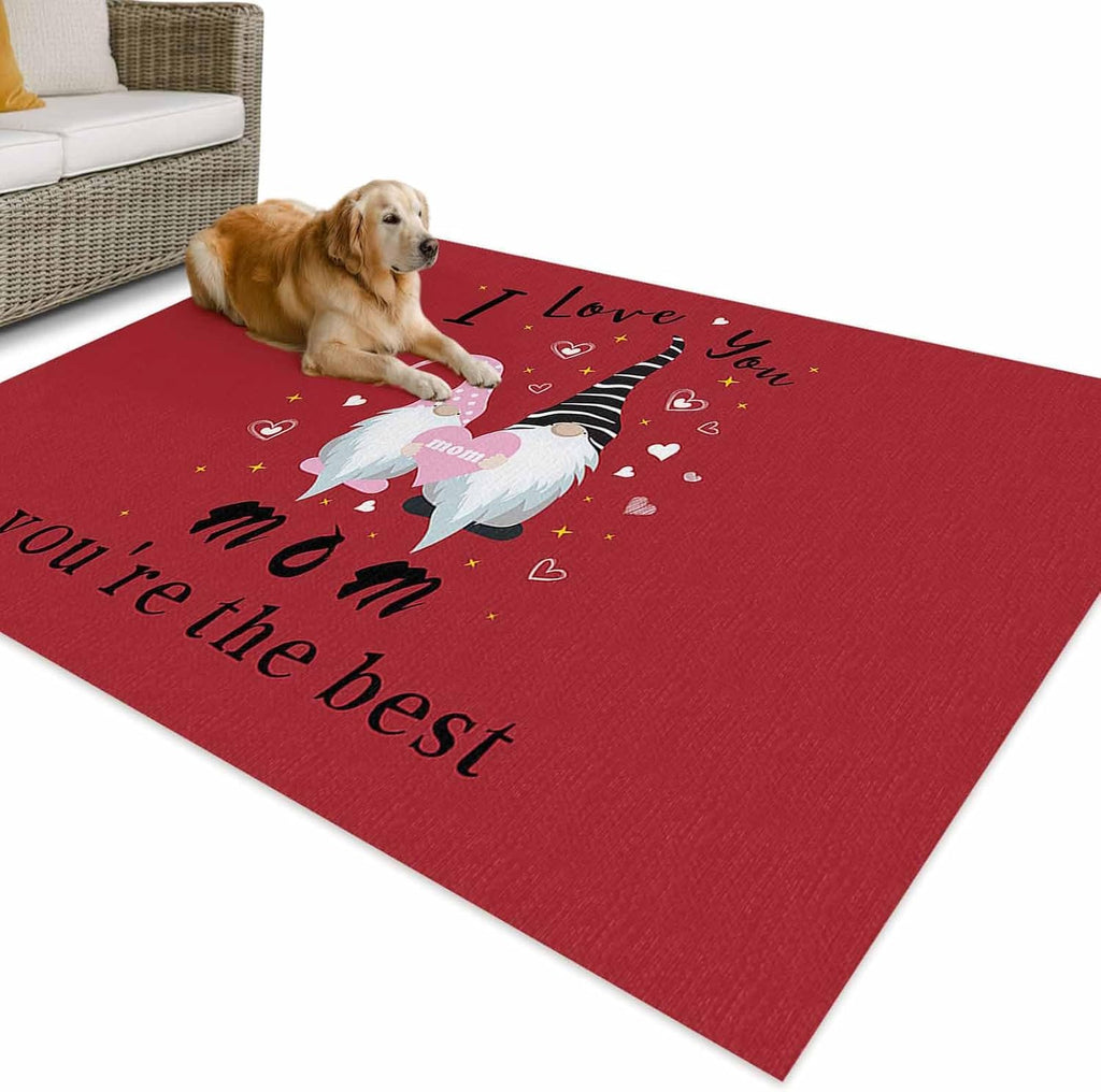 Outdoor Rug 4x6ft Happy Mother's Day Cute Gnomes with Hearts Patio Area Rugs Waterproof Easy Cleaning Non Shedding Thick Mats Red Carpet for Indoor Outdoor Porch Deck Backyard Balcony