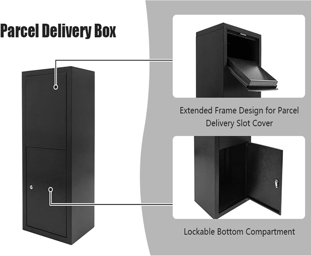 Package Delivery Box, Outside Curbside Mailbox, 0.8mm Thickness Large Anti-Theft Boxes Edges Without Burrs Carbon Steel Mailbox w/2 Keys, Black(Floor Standing)