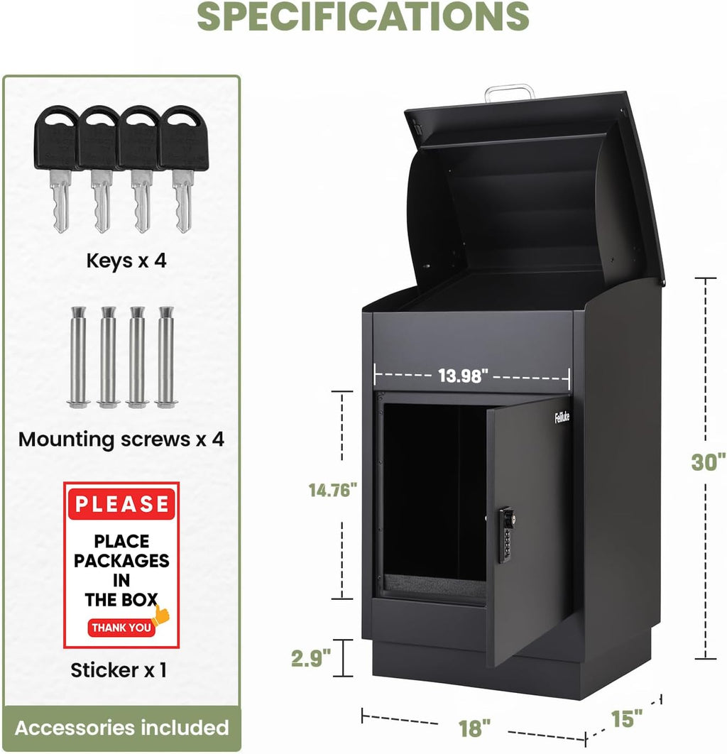 Large Outdoor Package Delivery Box, Heavy-Duty Metal Parcel Drop Box, Waterproof & Anti-Theft, Secure Lockable Mailbox for Porch, Curbside & Business Use