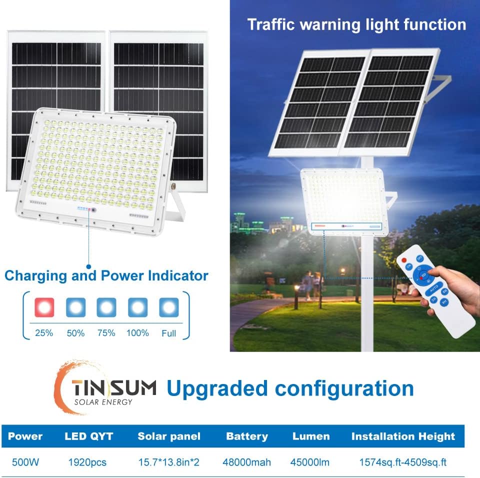 TINSUM 500W Solar Led Flood Lights Outdoor, 28000 Lumens Solar Security Street Lights Dusk to Dawn 1920LED with Remote White Led for Parking Lot,Stadium,Yard,Swimming Pool, Pathway,Flag Pole,Driveway
