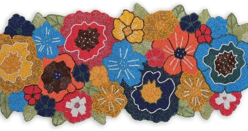 HM Creations Multicolor Floral Table Runner, Handmade Table Runner, Beaded Table Topper 13X36 Inch Dinning Decoration. (Set of 1 Table Runner and 6 Place Mats)