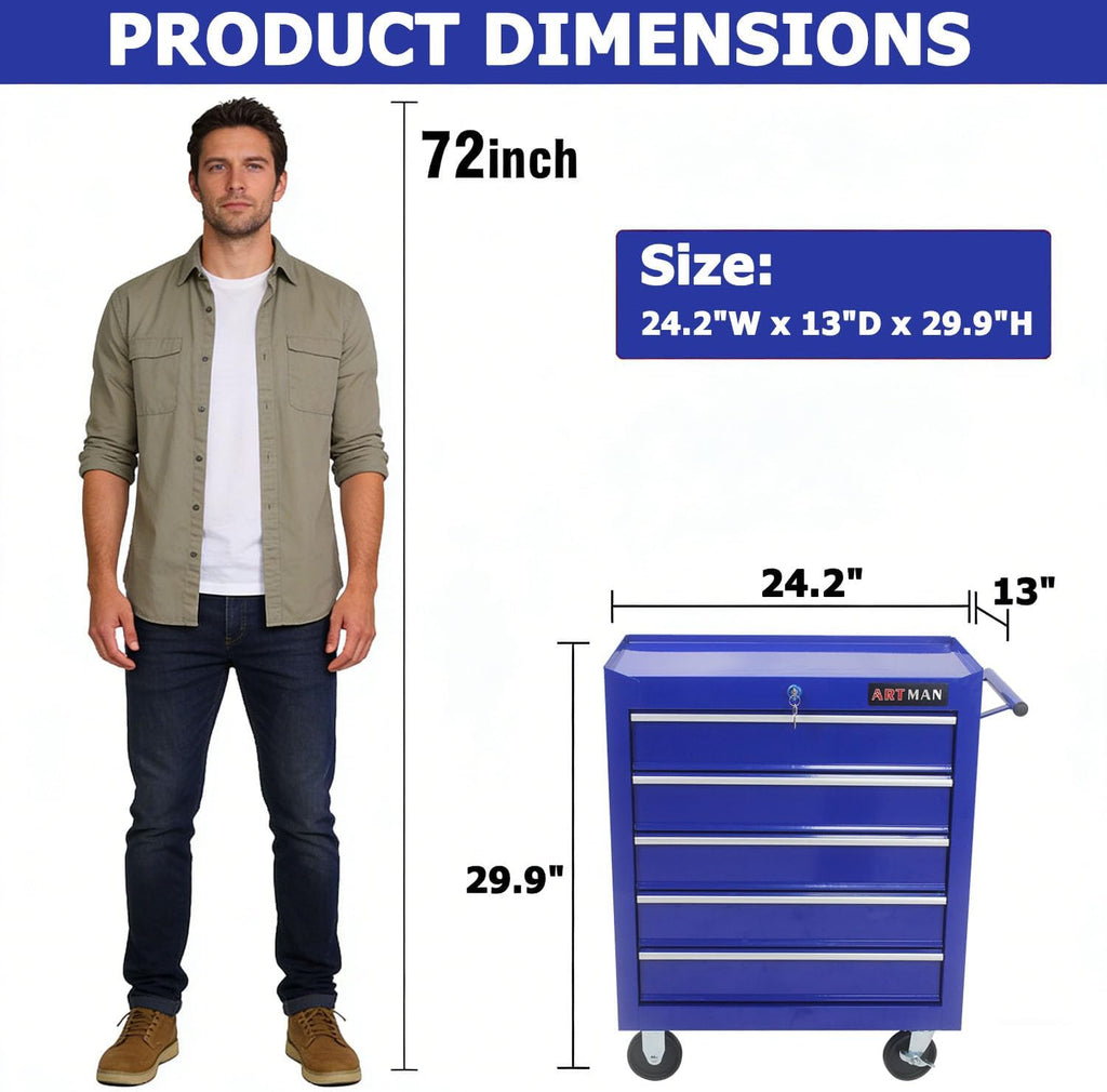 5-Drawer Tool Cart on Wheels, Drawers Rolling Tool Chest with Key Lock, Mobile Trolley Organizer Tools Box with Locking Wheels & Ball Bearing Drawers for Garage,Warehouse,Repair Shop (Blue)