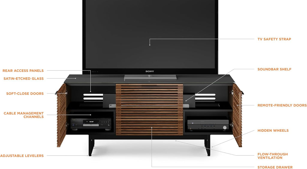 BDI Furniture Corridor 8177-65'' TV Stand for TVs up to 70' with Soundbar Shelf, Storage Drawer, Cable Management, Remote-Friendly Louver Doors, Satin-Etched Glass Top, Natural Walnut