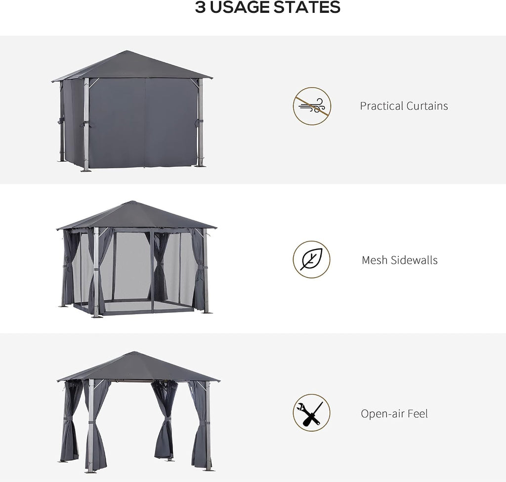 Outsunny 10' x 10' Patio Gazebo, Outdoor Gazebo Canopy Shelter with Netting & Curtains, Vented Roof, for Garden, Lawn, Backyard and Deck, Dark Gray