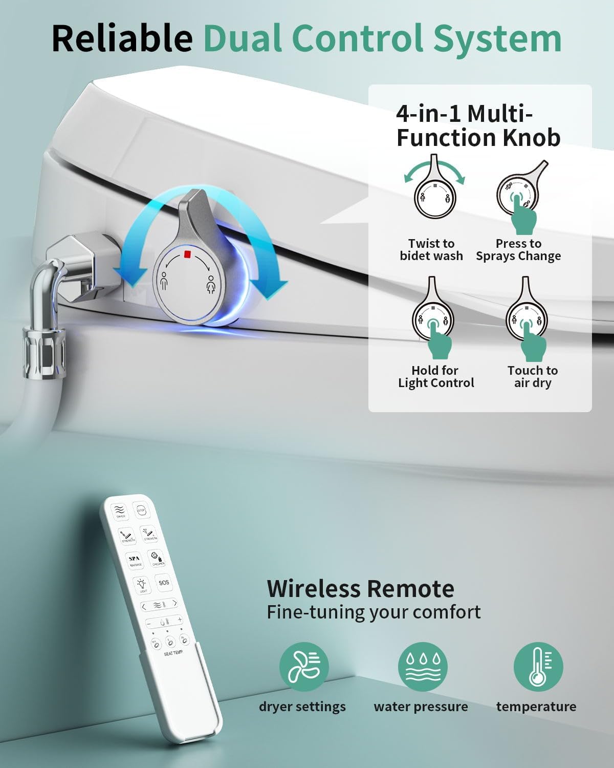 SR SUN RISE Electric Bidet Toilet Seat Elongated - Dual Nozzles for Female & Hip, Comfort Heated Seat & Air Dryer, 6 Wash Modes, Remote & Knob Control, Silent Close Lid, Nightlight, Ultra-Slim