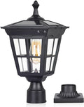 Solar Lamp Post Light, Cast Aluminium Waterproof LED Pillar Lights with Glass Outdoor Dusk to Dawn Post Light Solar Powered ST4311BQ for Pier Mount Gates Yard Pole (Black+Clear Glass)