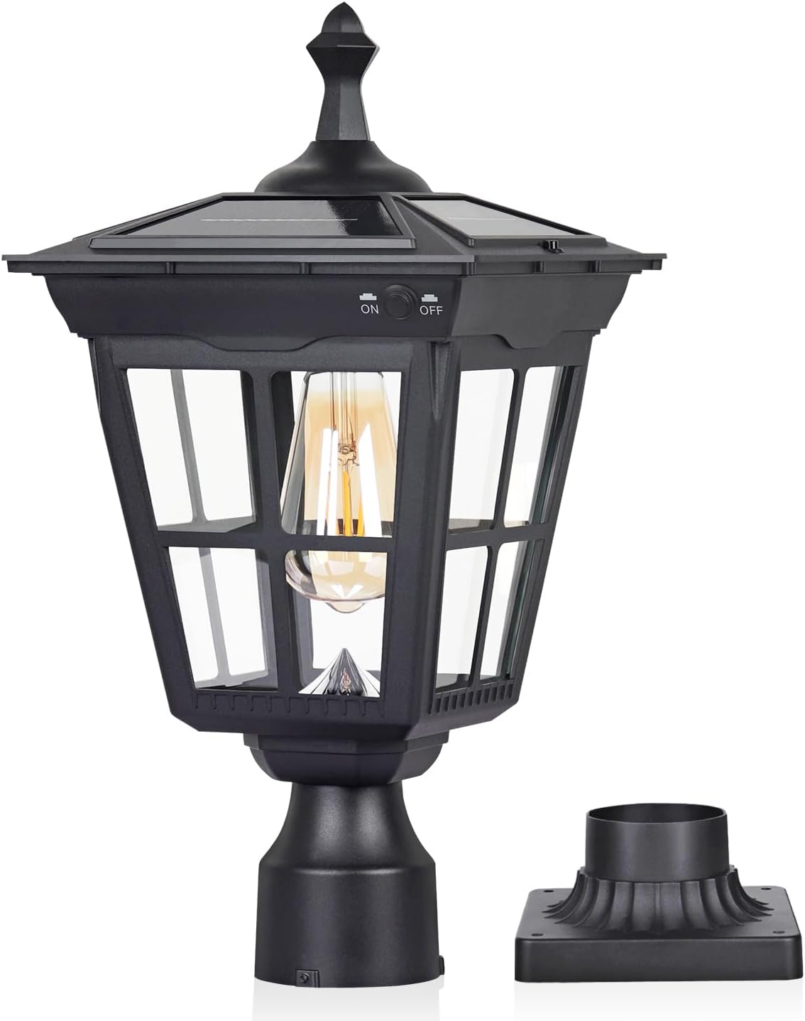 Solar Lamp Post Light, Cast Aluminium Waterproof LED Pillar Lights with Glass Outdoor Dusk to Dawn Post Light Solar Powered ST4311BQ for Pier Mount Gates Yard Pole (Black+Clear Glass)
