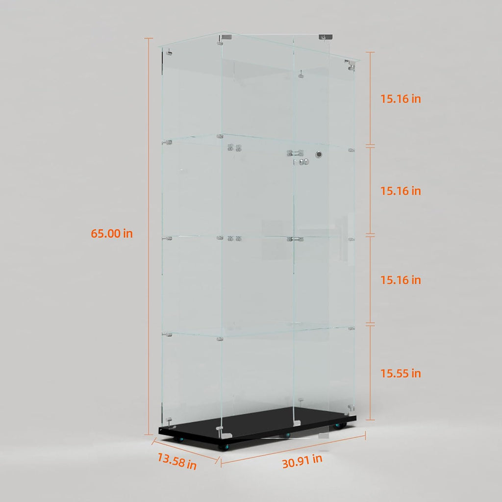 JT Glass Display Cabinet 4 Shelves with Two Door and Bluetooth LED Strip,Easy to Install, Tempered Glass Top, Floor Standing Curio Bookshelf for Living Room Bedroom Office (Double Doors-Black)
