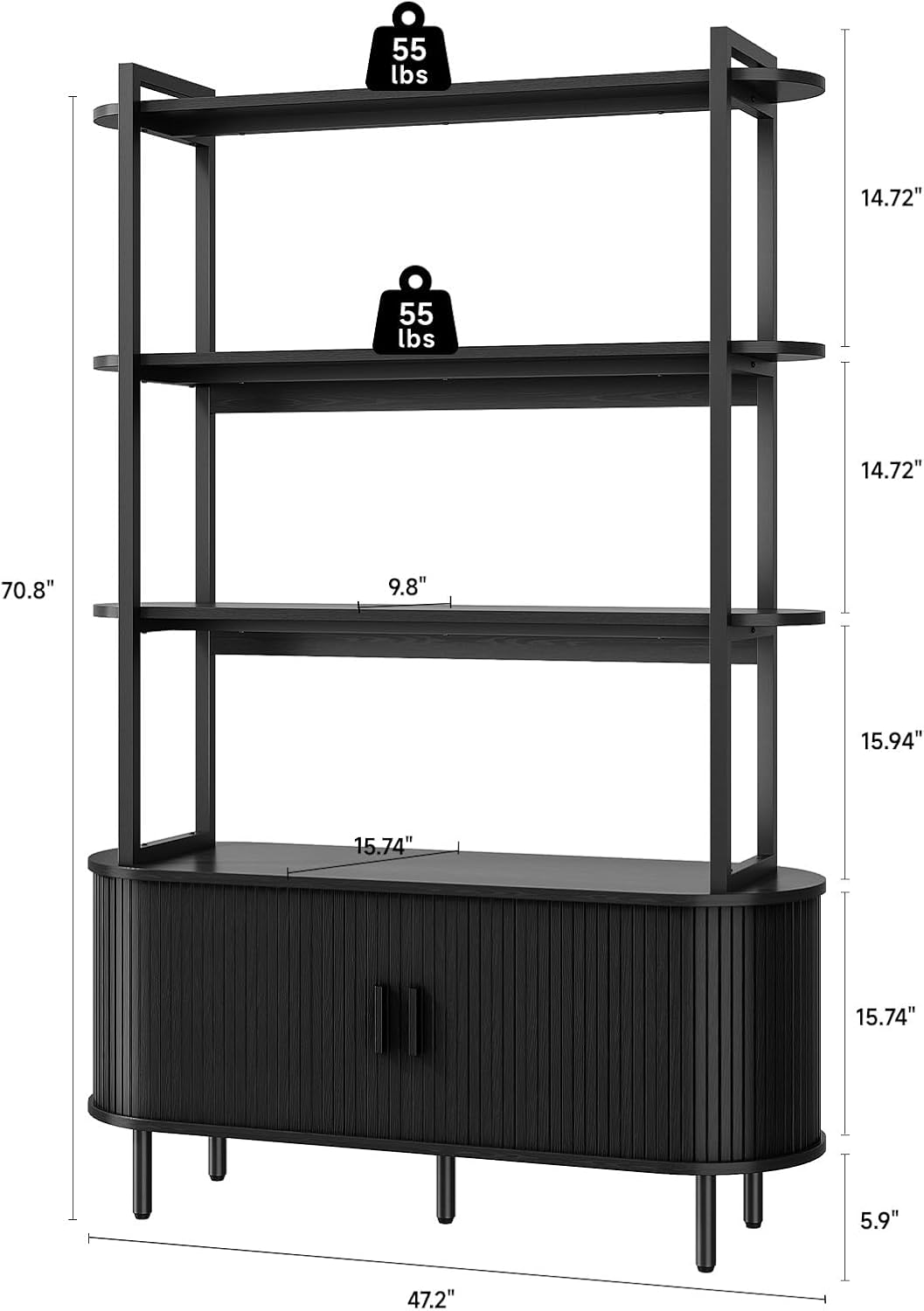 5 Tier Bookshelf with Fluted Cabinet, Tall Bookcase with Sliding Door, Metal and Wood Display Shelf, Free Standing Storage Shelving Unit, Corner Storage Organizer for Living Room, Home Office, Black