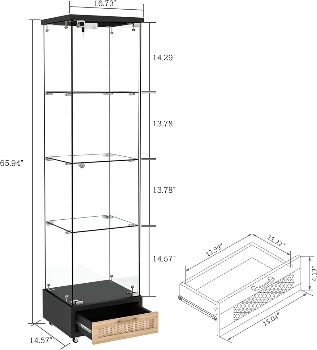 Modern Glass Display Cabinet with LED Light 4-Shelf Curio Cabinets with Rattan Drawer and Wheels,Tempered Glass Display Shelf Bookcase for Living Room Home Office