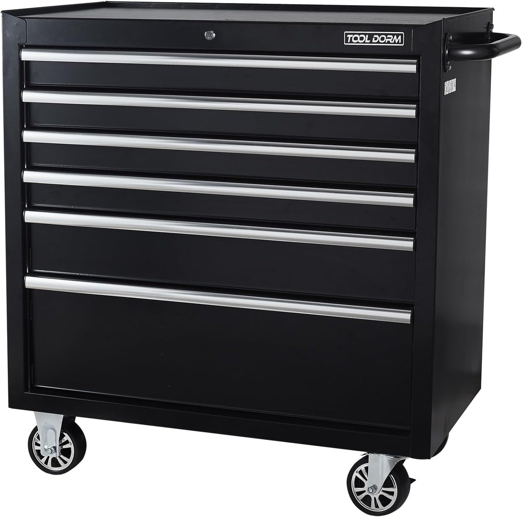 Tool Chest, 6 Drawers Rolling Tool Cabinet, Lockable Wheels, Ball Bearing Sliders, Black Powder Coating, Metal Tool Storage Cart, Suitable for Garage, Warehouse, Workshop
