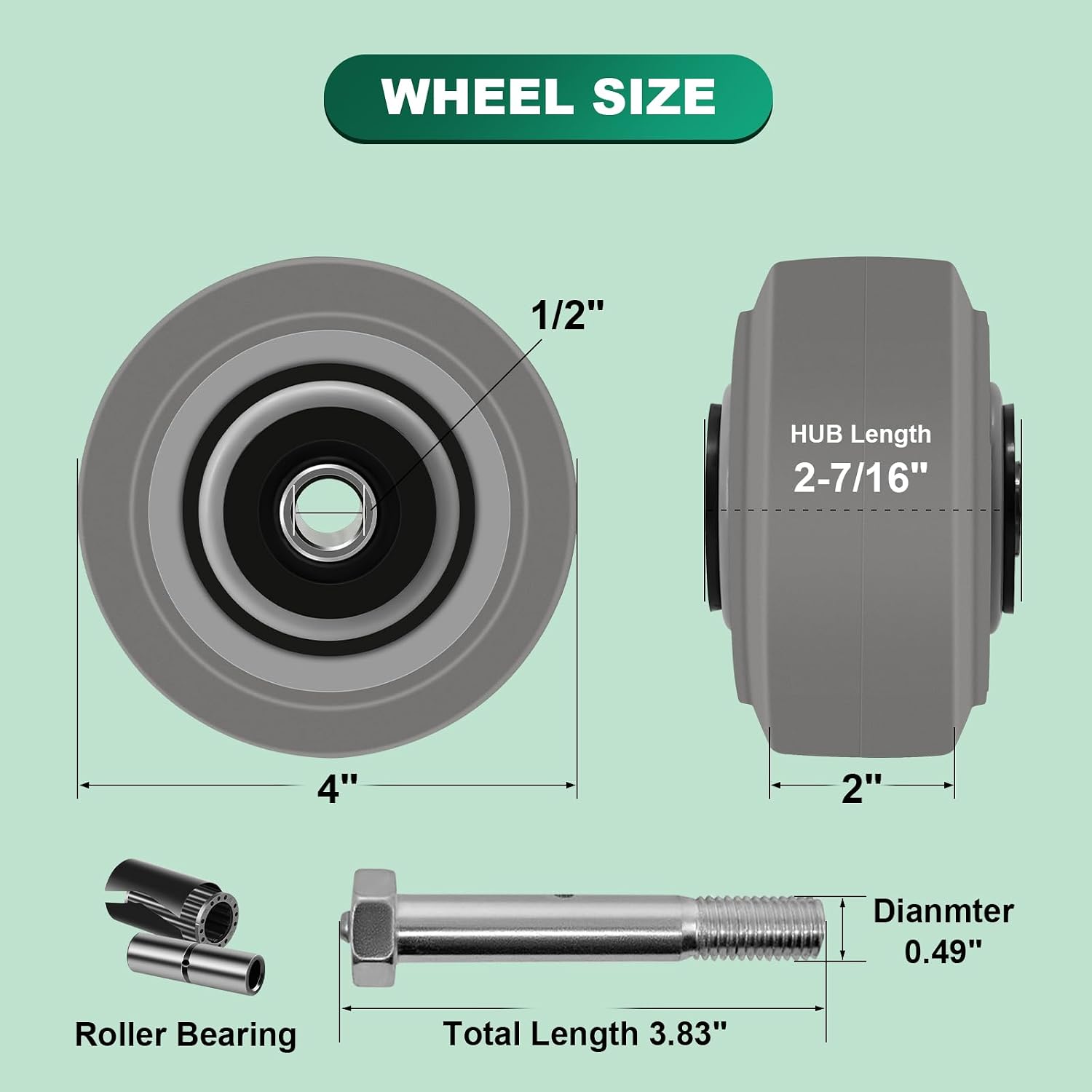 4 Inch Caster Wheels- Heavy Duty Casters, Rubber Wheels with up to 450LB Capacity Per Wheel for Hotel, Hospital and School Carts (10 Pack)