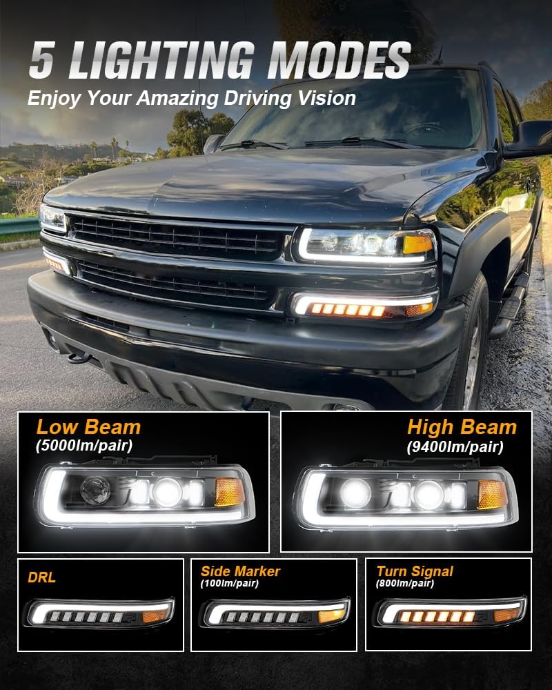 RAMJET4X4 LED Headlights Assembly Headlamps Replacement Compatible with 1999-2002 Chevy Silverado 2000-2006 Chevy Suburban 00-06 Tahoe DRL Turn Signal Hi/Low Beam with Bulbs (NOT FIT for GMC)
