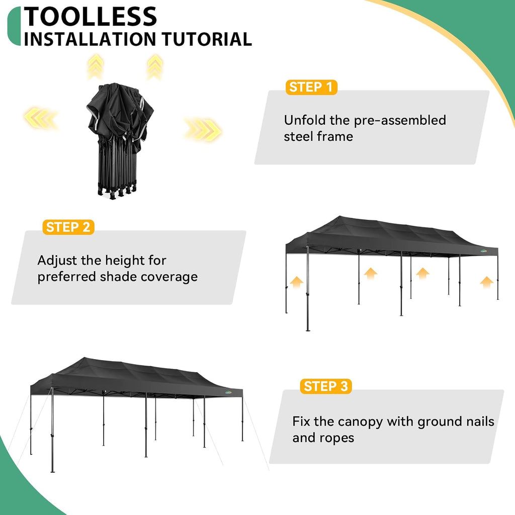 COBIZI 10x30 Heavy Duty Pop Up Canopy Tent – Commercial Grade, UPF 50+ UV Protection, Waterproof & Windproof, All-Season Outdoor Party Gazebo with Roller Bag, Black