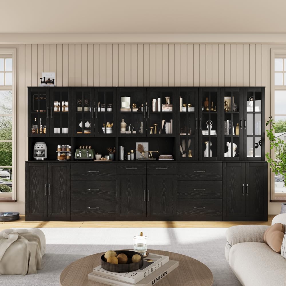 VOWNER Bookcase with Glass Door, 5-Tier Modern Bookshelf with Large Drawer, Glass Display Cabinet with Large Storage Shelf, Combination Storage Cabinet for Home Office (Black, AEA)