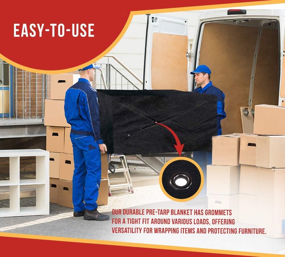 Mytee Products 2 Pack 7'x13' Black Pre Tarp Blanket with Grommets for Tarp & Cargo Load & Protection - Heavy Duty Textile Moving Blankets for Packing & Shipping Furniture - Non-Abrasive Surface