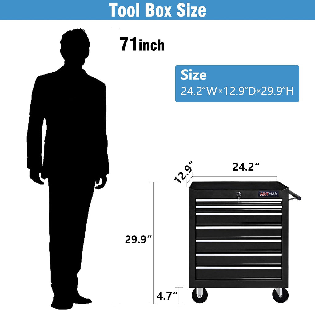 7 Drawers Tool Cart on Wheels, 7 Drawer Rolling Tool Chest with Key Lock, Trolley Organizer Tool Case, Multifunctional Rolling Tool Box for Garage,Warehouse,Workshop,Repair Shop (Black)