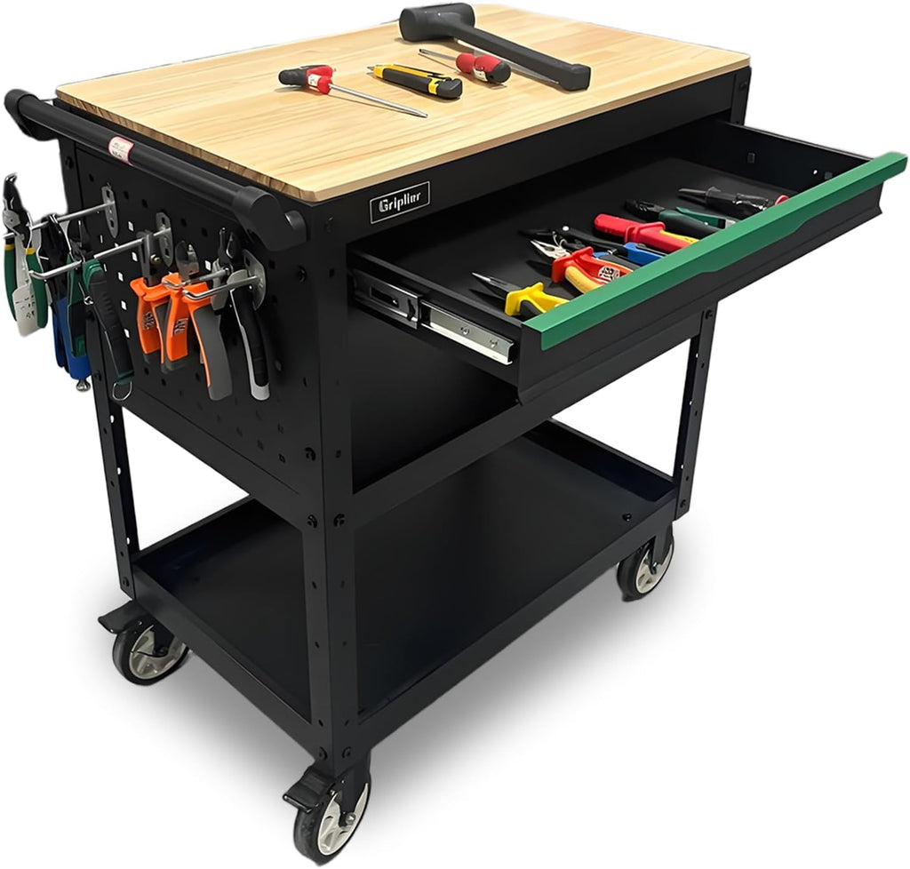 Rolling Tool Cart, 3-Tier Workshop Storage, Black Metal Frame with Wooden Top Workbench, Heavy-Duty Wheels,330LB Load Capacity Organizer Cabinet for Garage, Warehouse, Repair Shop