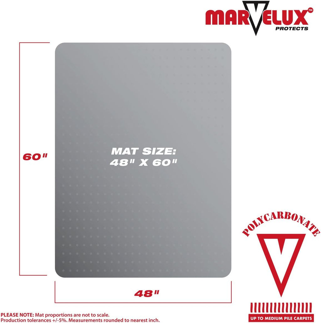 Marvelux Office Chair Mat for Carpeted Floors, Heavy Duty Polycarbonate for Medium Pile Carpets, Rectangular 48' x 60' Clear Office Chair Carpet Protector