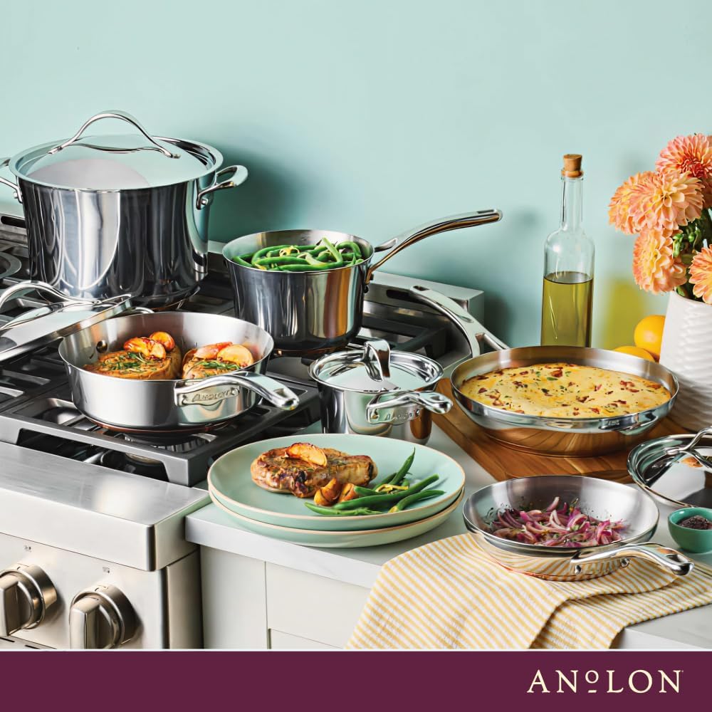Anolon Nouvelle Stainless Steel Cookware Pots and Pans Set, 10 Piece