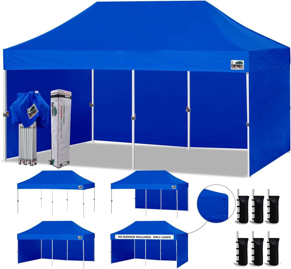 Eurmax USA 10x20 Pop Up Canopy Tent,Commercial Tent with Patented No-Tip Rolling Bag,4 Zippered Removable Walls,UV & Water Resistant Canopy Top,Heavy Duty Outdoor Gazebo,Instant Shelter(Blue)