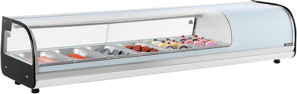 VEVOR Sushi Display Case Refrigerator, 2.2 Cu.ft Commercial Sushi Case, 6-Pan Countertop Showcase with Curved Glass, LED Lighting, and Digital Temperature Control, for Sushi-Bar, Restaurant, Store