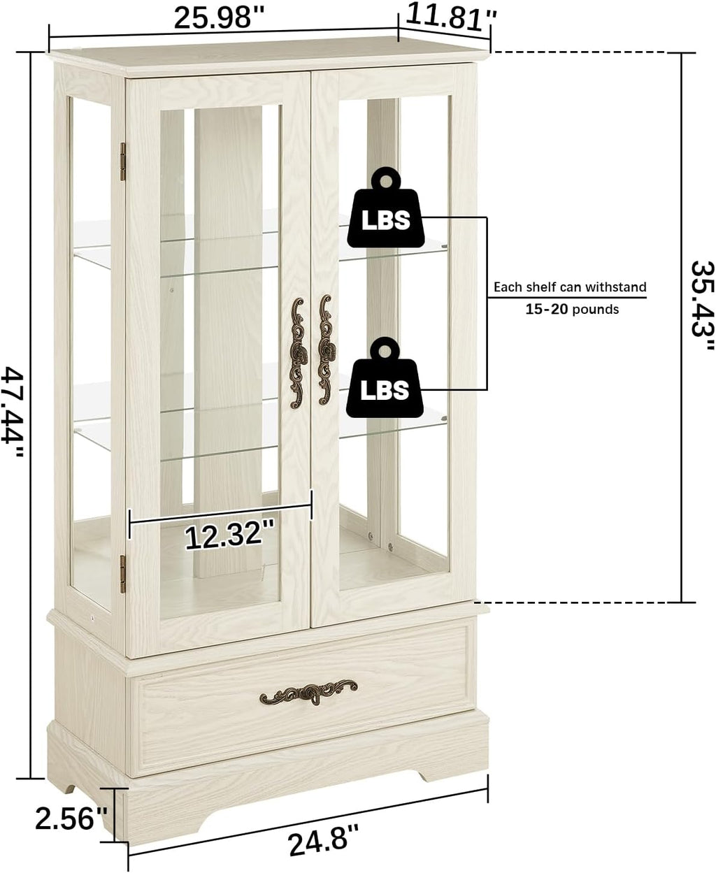 Curio Cabinet with Glass Doors Drawer, Lighted Display Cabinet with Adjustable Glass Shelves and Mirrored Back Panel, Retro Floor Standing Glass Storage Cabinet for Living Room, Antique White