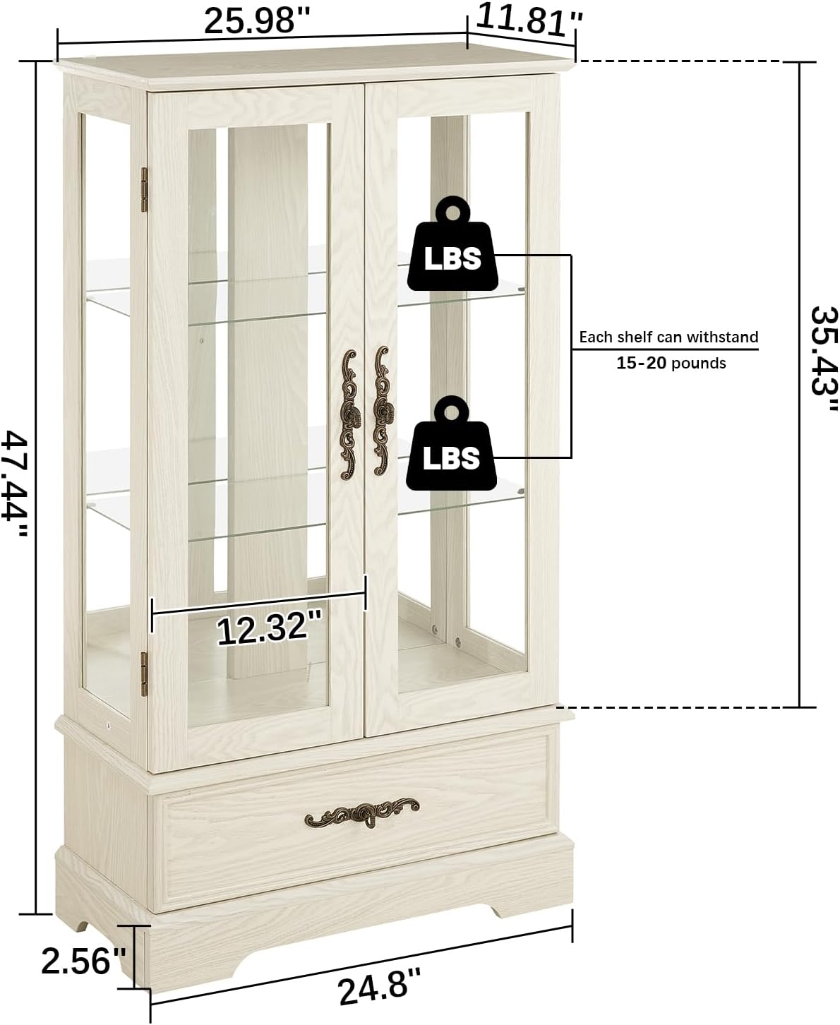 Curio Cabinet with Glass Doors Drawer, Lighted Display Cabinet with Adjustable Glass Shelves and Mirrored Back Panel, Retro Floor Standing Glass Storage Cabinet for Living Room, Antique White