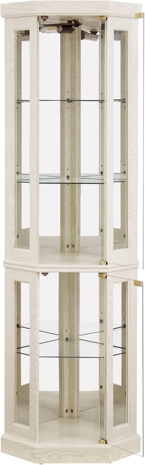 Corner Curio Cabinet, 70' H Lighted Glass Display Cage with Tempered Glass Doors and Adjustable Shelves, Bulb Inclued, Wine Bar China Cabinet for Living Room Liquor Storage (White)