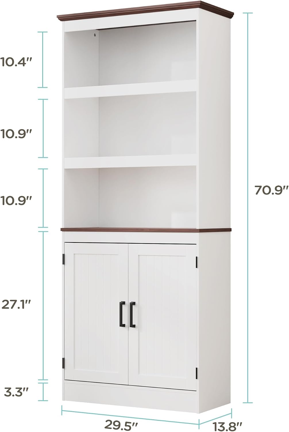 MHOM 71' Tall Bookshelf with Doors, 5 Tiers Farmhouse Bookcase with Adjustable Shelves, Wooden Rustic Display Cabinet for Home Office, Living Room, White