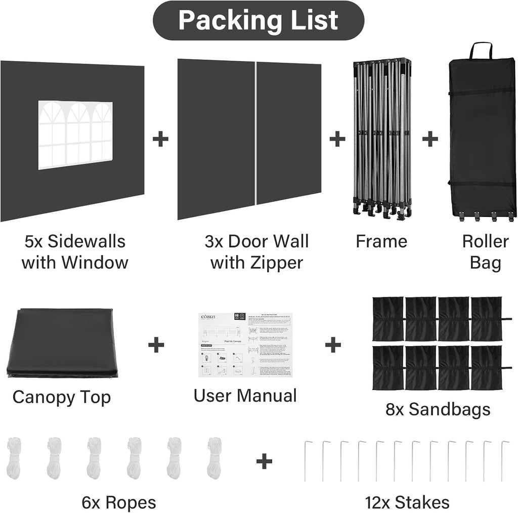 COBIZI 10x30 Heavy Duty Pop Up Canopy Tent – Commercial Grade, UPF 50+ UV Protection, Waterproof & Windproof, All-Season Outdoor Party Gazebo with Roller Bag, Black