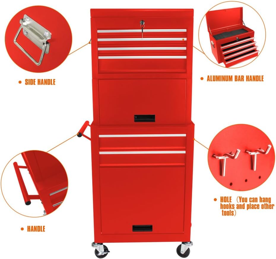 Tool Cabinet on Wheels, 6-Drawer Lockable Rolling Tool Chest w/ 4 Universal Wheels, 2 in 1 Detachable Tool Box Storage Organizer for Garage Workshop Repair Shop,RED
