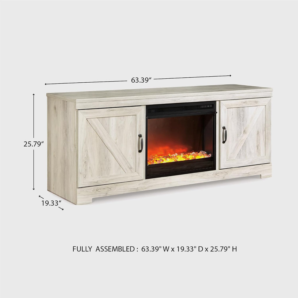 Signature Design by Ashley Bellaby Farmhouse 63' TV Stand with Fireplace for TVs up to 72', Whitewash