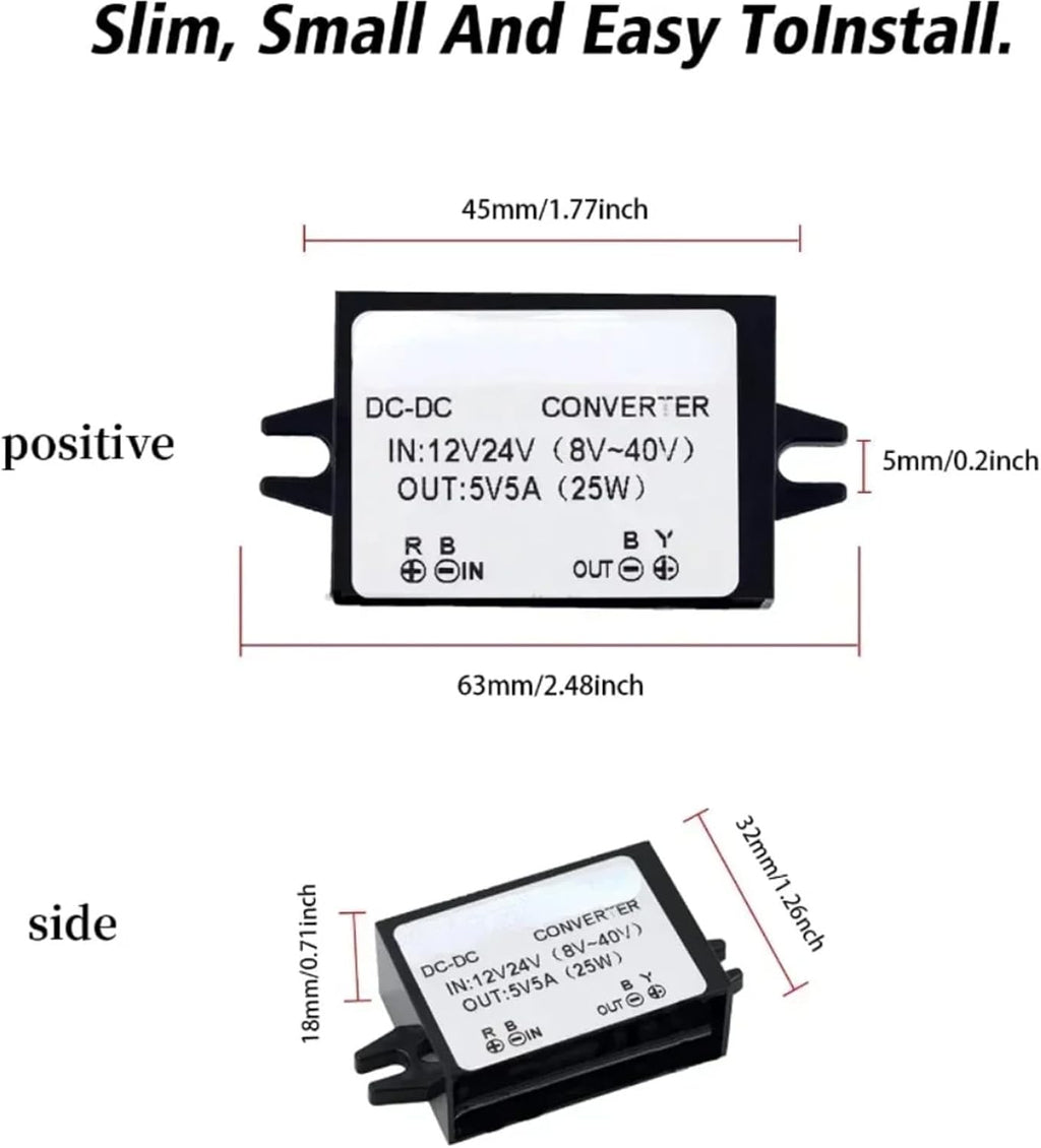DC 12v 24v to 5v 5A 25W Step Down Converter Regulator Power Adapter Reducer for Car Electronics Truck Vehicle Boat Solar System(5V_12V 24V-5V5A)