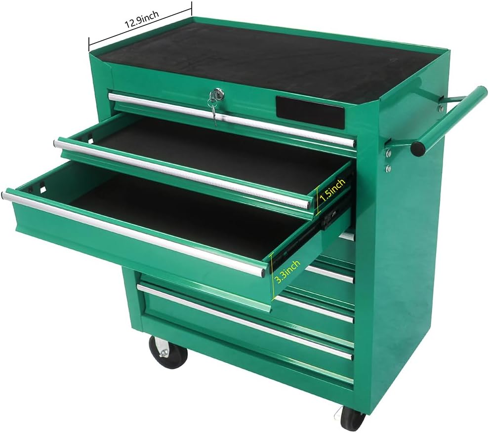Rolling Tool Chest, 7-Drawer Rolling Tool Box with Interlock System and Wheels for Garage, Warehouse, Workshop, Repair Shop, Green Green