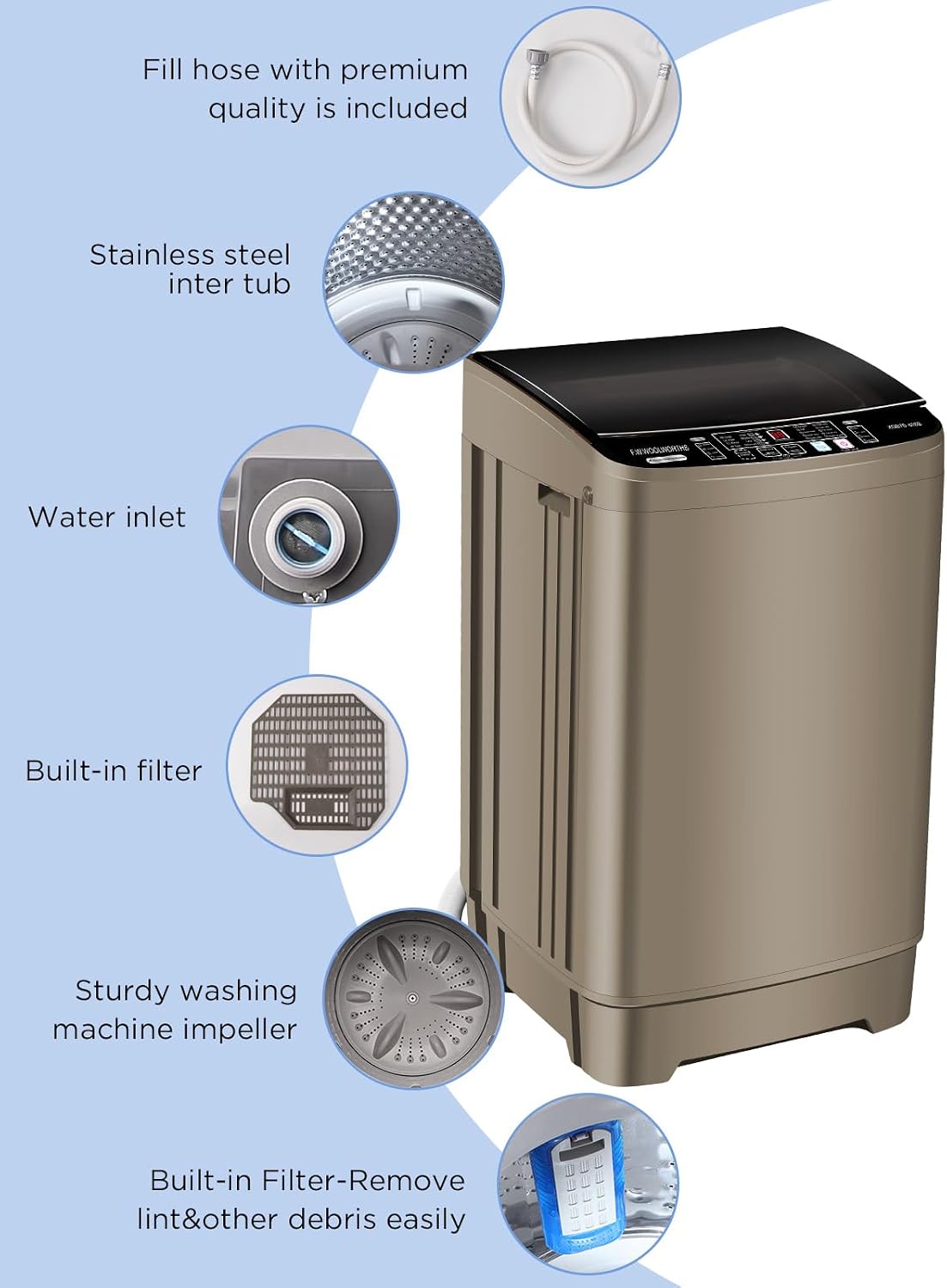 F.W.WOOLWORTHS 17.7 lbs Full-Automatic Washing Machine with LED Display, Laundry Washer with Drain Pump, 10 Wash Programs 8 Water Levels Washer & Spinner for Home, Apartment, Dorms, Gold