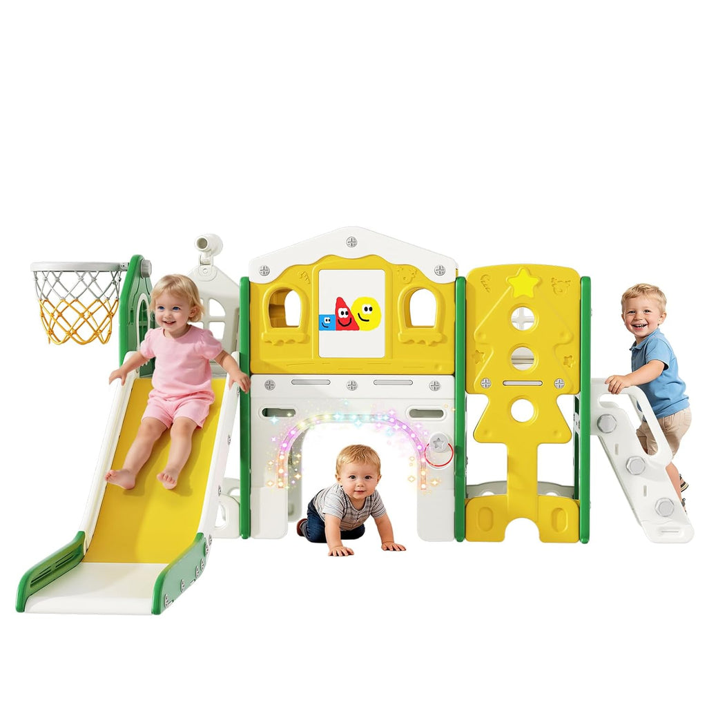 BIERUM 10 in 1 Toddler Slide Set - Baby Slide for Toddlers 1-3 with Colorful Lights, Drawing Board and Building Blocks Board, Indoor Outdoor Toddler Playset Playground, Green Yellow