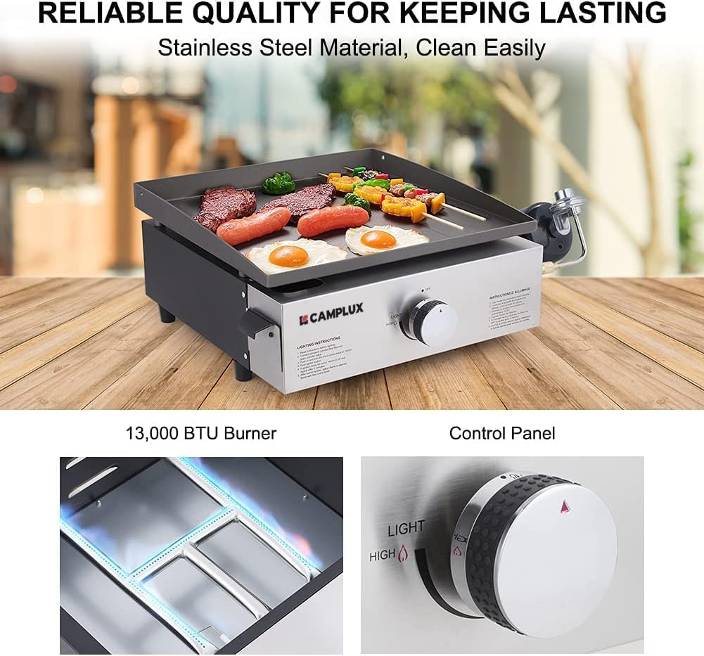 Camplux Propane Gas Grill,Flat Top Grill Station for Kitchen,Camping,Outdoor,Tabletop -Stainless Steel BBQ Griddle with Knobs & Ignition,17inch