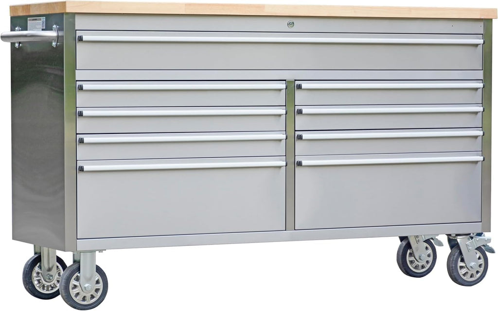 Tool Chest, 61 Inch Tool Box Mobile 9 Drawers Storage Rolling Cabinet with Wheels Lock Key Locking System Drawer Liners for Garage Warehouse Repair Shop, Sliver