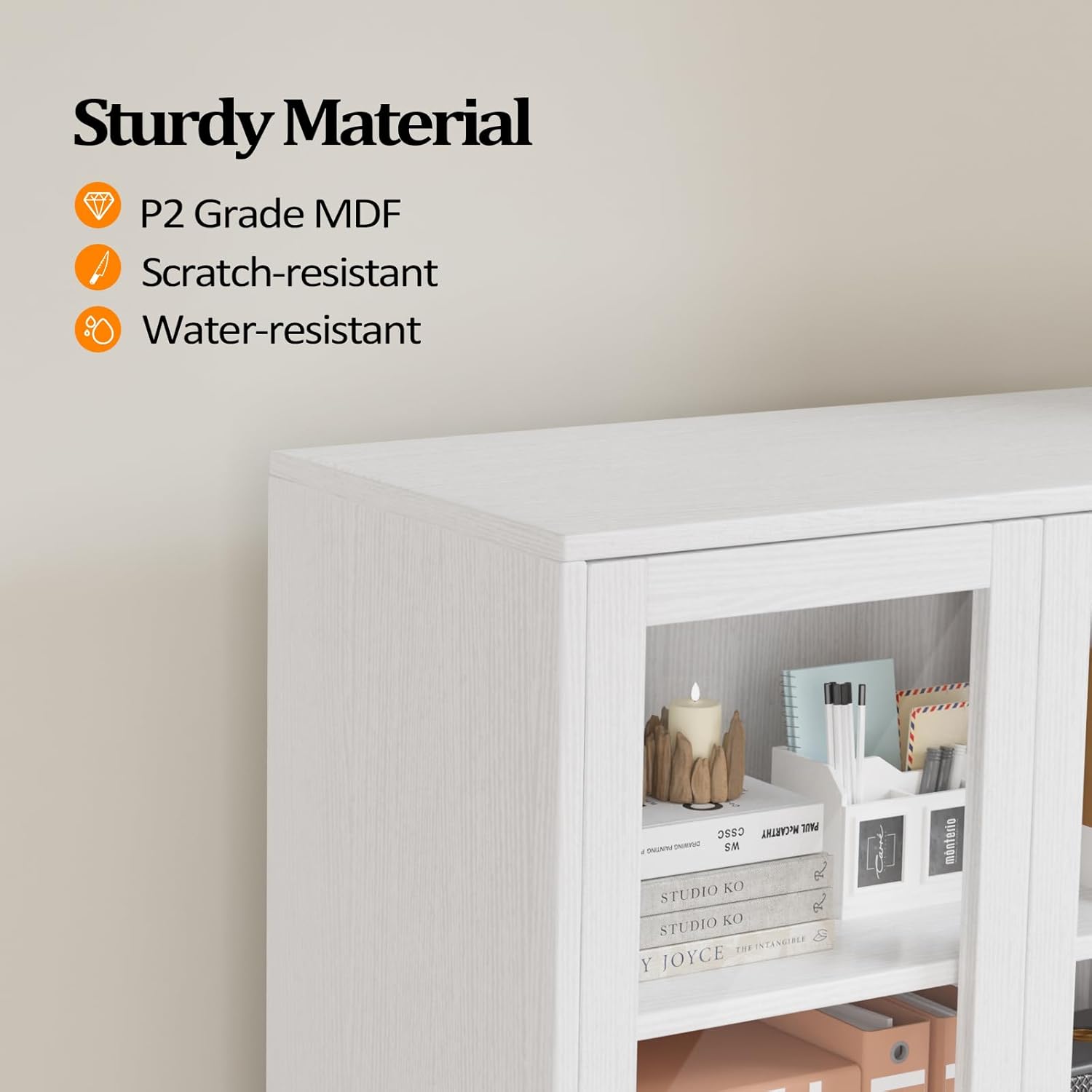 VINGLI Lateral File Cabinet with Glass Doors and 2 Locking Drawers for Hanging File Folders, Bookshelf with Adjustable Shelves for Home Office (White, 30''W x 16''D x 70''H)