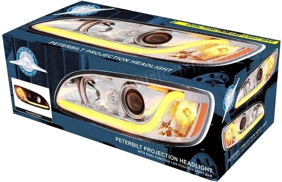 United Pacific 31239 Projection Headlight Assembly, LH, Black Housing, High/Low Beam, H7/H1/3157 Bulb, with Signal Light and Amber LED Dual Mode Light Bar