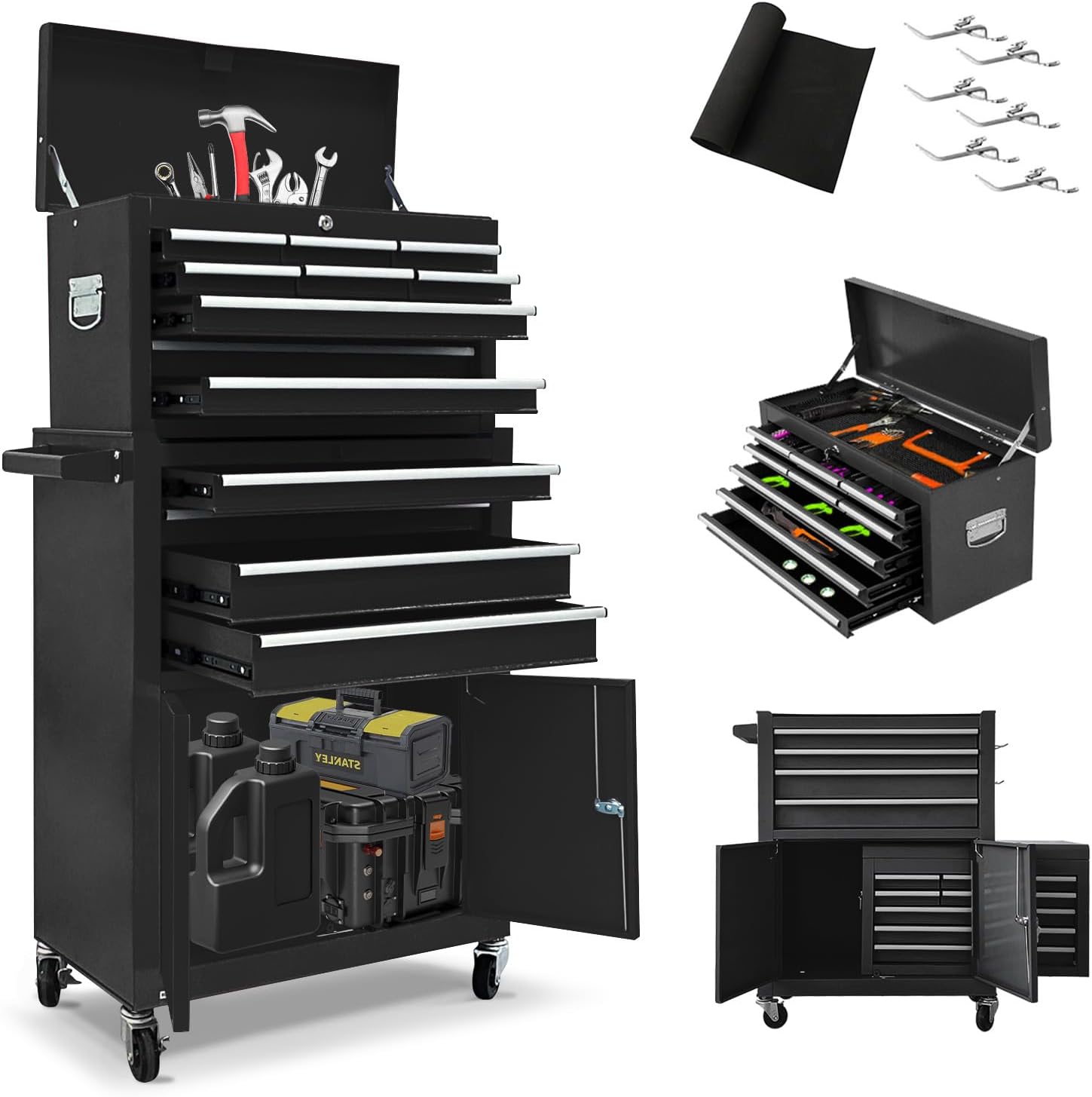 13 Drawers Tool Chest with Wheels, Rolling Tool Box with Drawers, Metal Tool Cabinet for Garage, Workshop(Black)