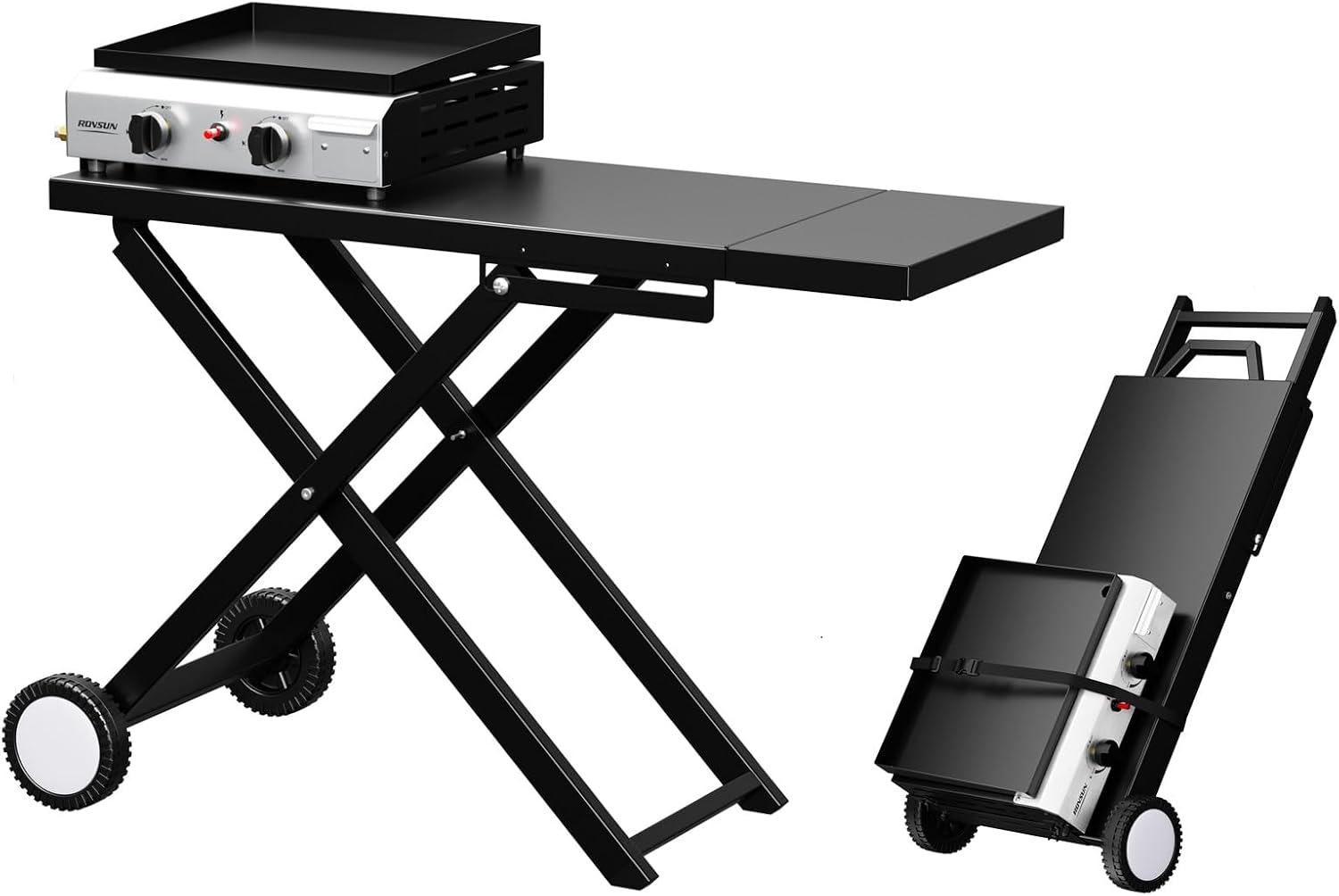 Bonnlo Foldable Flat Top Grill with 2 Burner, Powerful 20,000 BTU Propane Gas Grills with Ignition, Enamel Griddle, Side Shelf & Portable Cart with Wheels for Outdoor Camping Hibachi Grill Use