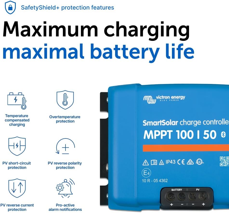 Victron Energy SmartSolar MPPT Solar Charge Controller (Bluetooth) - Charge Controllers for Solar Panels - 100V, 50 amp, 12/24-Volt
